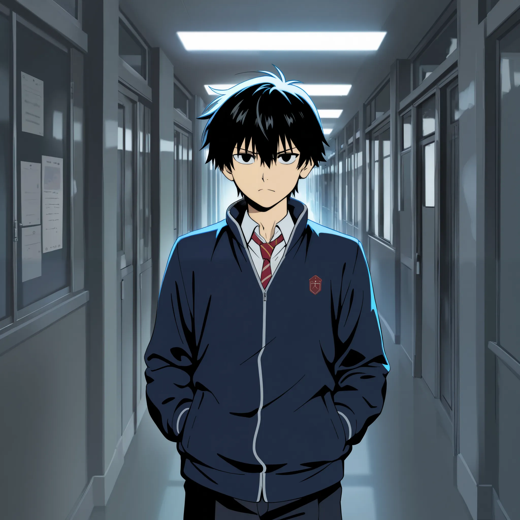 Anime boy, black hair, black eyes, school uniform, cold