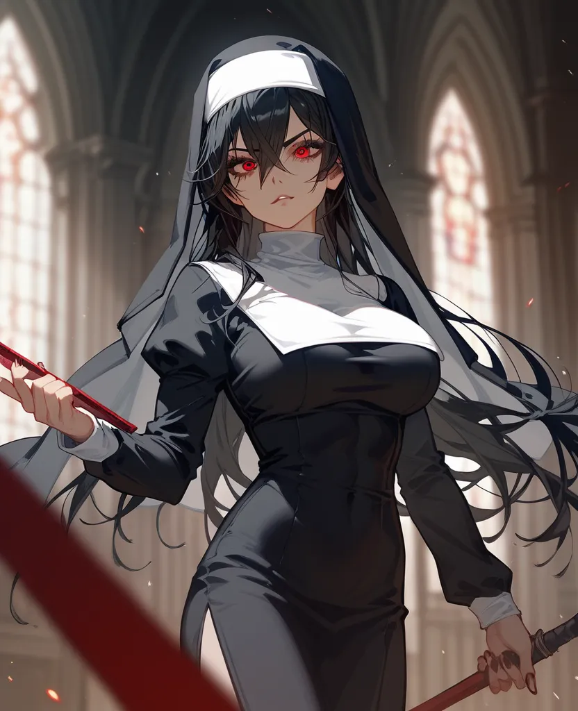 girl, Tomboy, black hair, in red eyes , long hair,Fierce face,fit, Slim , dark edges,student,big breasts,Sharp eyes,standing, turtleneck ,fit,, long hair sexy,Nun