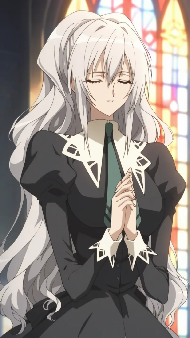 score_9, score_8_up, score_7_up, score_6_up, score_5_up, source_anime, rating_safe, large breasts, indoors, 1girl, solo, (upper body:1.2), anime screenshot,  shizuma, long flowing silver hair, black dress, green necktie, school uniform, on knees, at a chur...