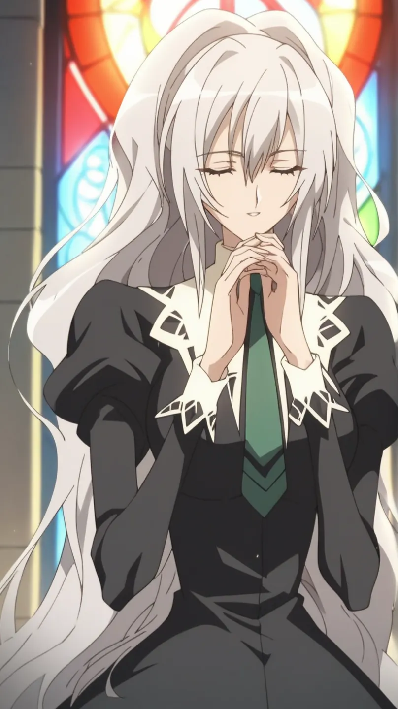 score_9, score_8_up, score_7_up, score_6_up, score_5_up, source_anime, rating_safe, large breasts, indoors, 1girl, solo, (upper body:1.2), anime screenshot,  shizuma, long flowing silver hair, black dress, green necktie, school uniform, on knees, at a chur...