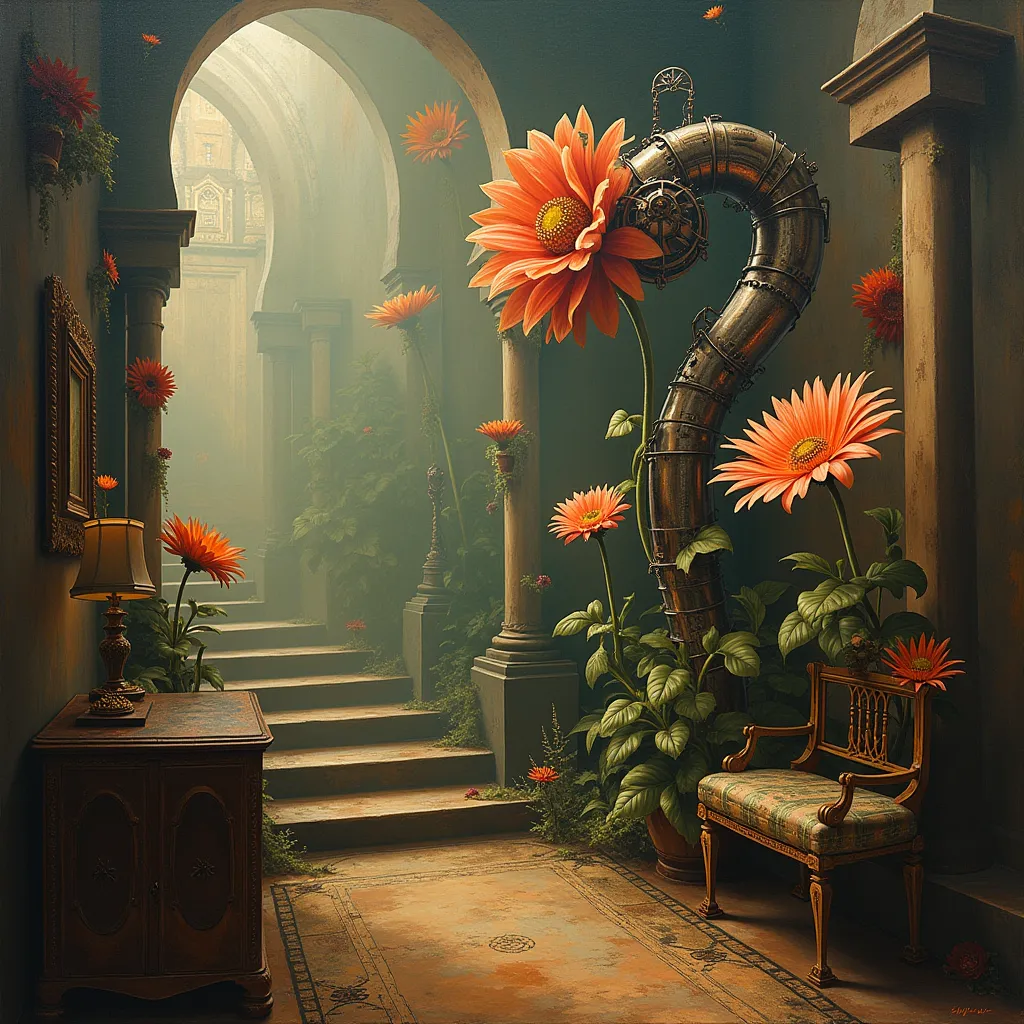 surreal and abstract painting of a mysterious ancient art deco room with mechanical flowers made of steampunk machinery, classic art, dreamy, surreal, photorealistic, magical, esoteric, occult, symbolism