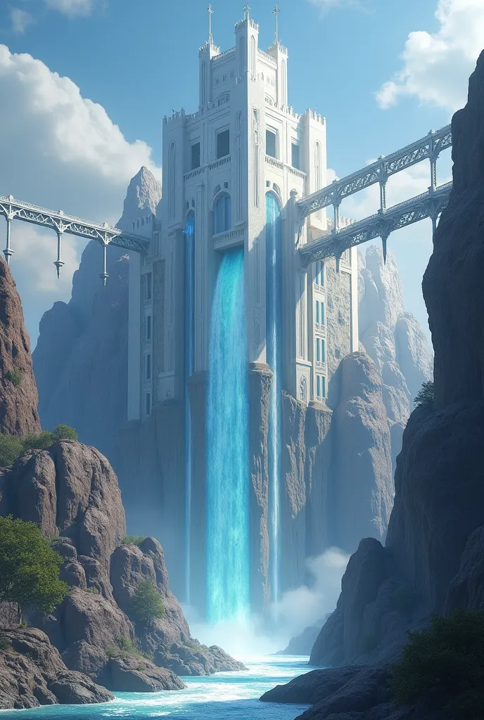 Giant castle with water pouring out of all its windows with force, white color in the middle of large philic rocks and a giant bridge on its side