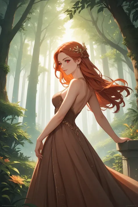 Redhead girl, Princess, normal clothes, Red brown clothes,  long hair, red eyes, in a forest, tag, No dense forest, Open forest