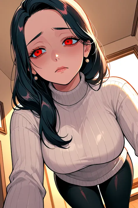 Buxom & sexy, milf mom, yandere, sad, looking away from viewer, at an angle view, black hair, long hair, red eyes, white turtleneck sweater, black leggings, background: home, living room

