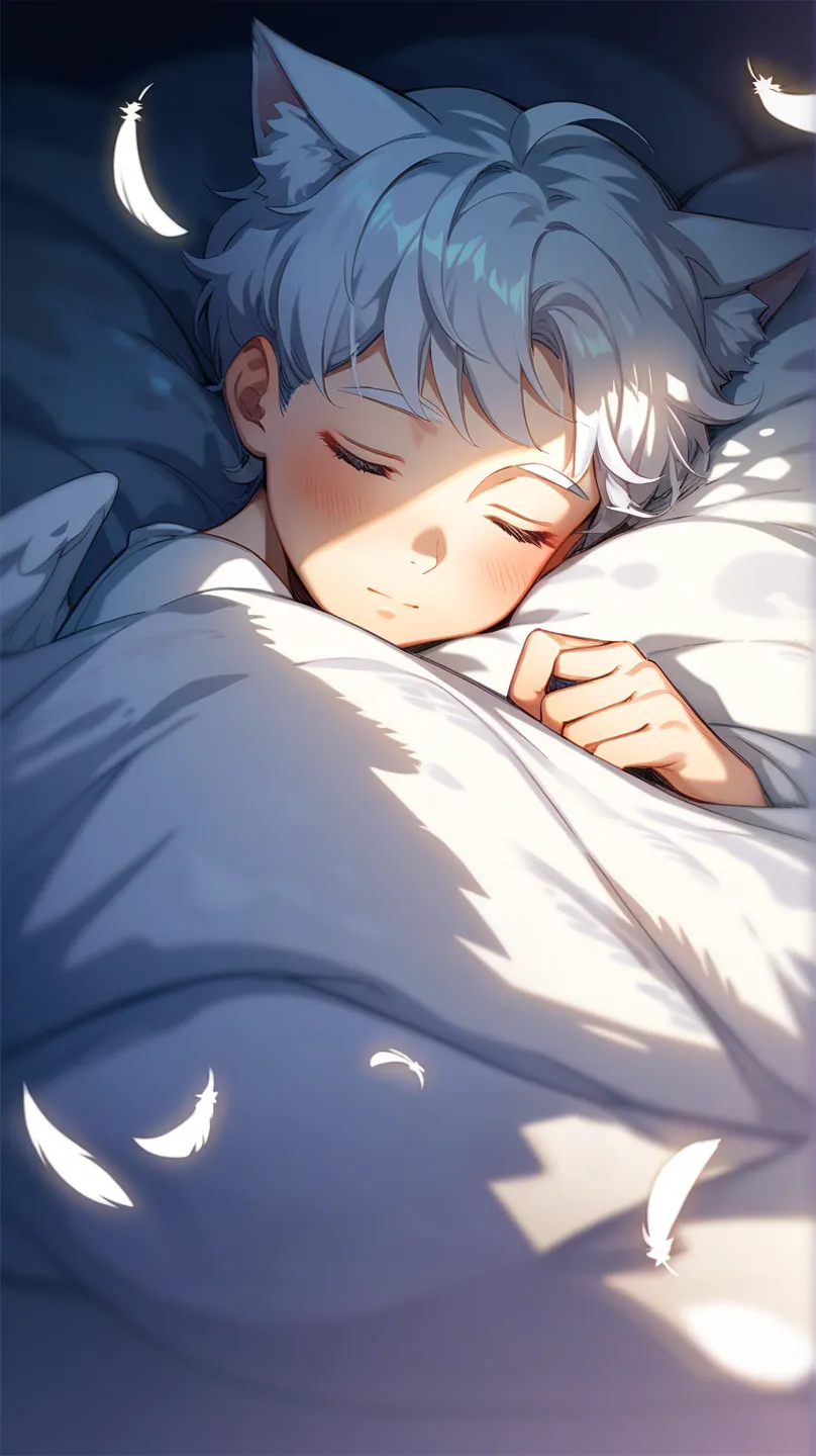 Young man, cat ears, eyes closed, blush, bangs, oversized shirt, tail, white hair, curled up, sleeping, clutching blanket, innocent, angel, white wings, feathers