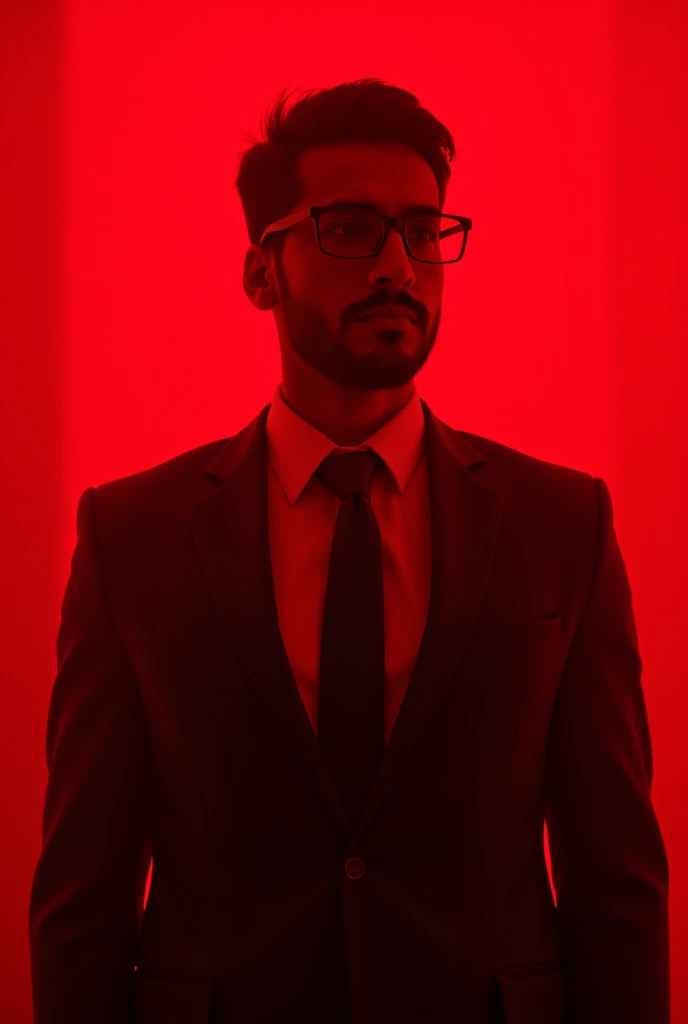 30 years Pakistani boy wearing formals and glasses posing for unknown Red light in background 