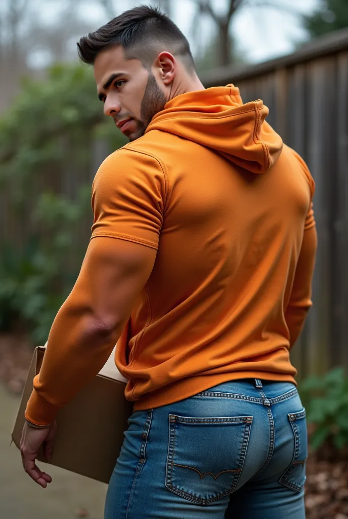  Realistic photograph , 35-year-old muscular (((athletic man))) , , view From below, nalgon in profile, orange hoodie and tight blue levis jeans, in profile, Big butt, viendo a cámara,  black eyes, in the yard, sexy man, very big butt, very tight pants and...