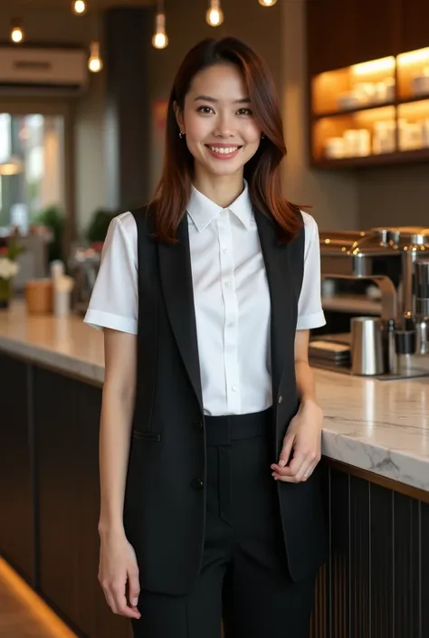 restaurant cashier uniform white shirt short sleeve  , black long-sleeved jacket , black pants ,Black shoes