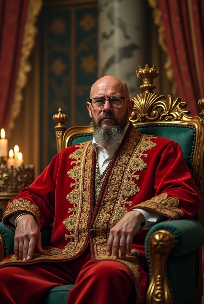 bald man with a beard and glasses sits on an opulent throne within a grand royal hall adorned with luxurious decor. He dons a regal robe embellished with intricate designs, exuding authority and sophistication. Surrounding him are symbols of wealth and pow...