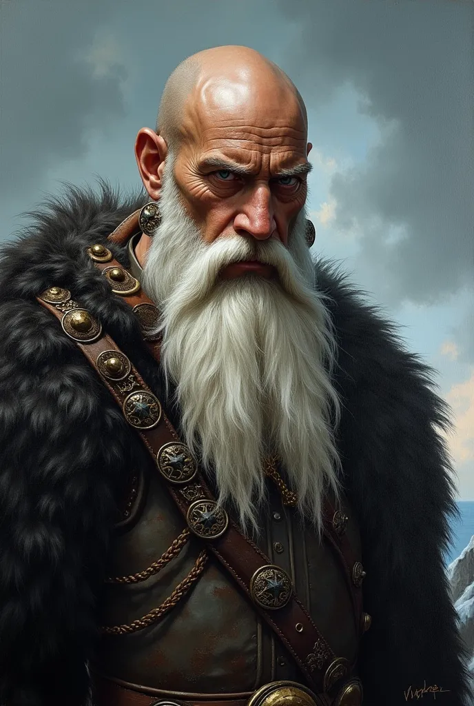 Masterpiece painting, very detailed, black skinned Viking, bald, long white beard with beads