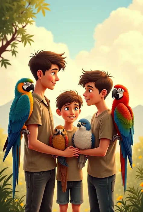 Three brothers and their birds.
