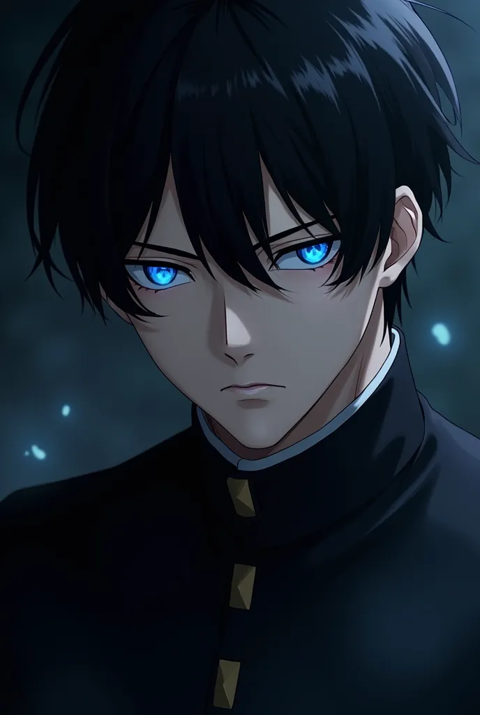 Close-up portrait of Sung Jin-woo, from Solo Leveling, intense gaze, subtle smirk, dark hair, glowing blue eyes, determined, black clothing, shadowy background, dramatic lighting, hyperrealistic"