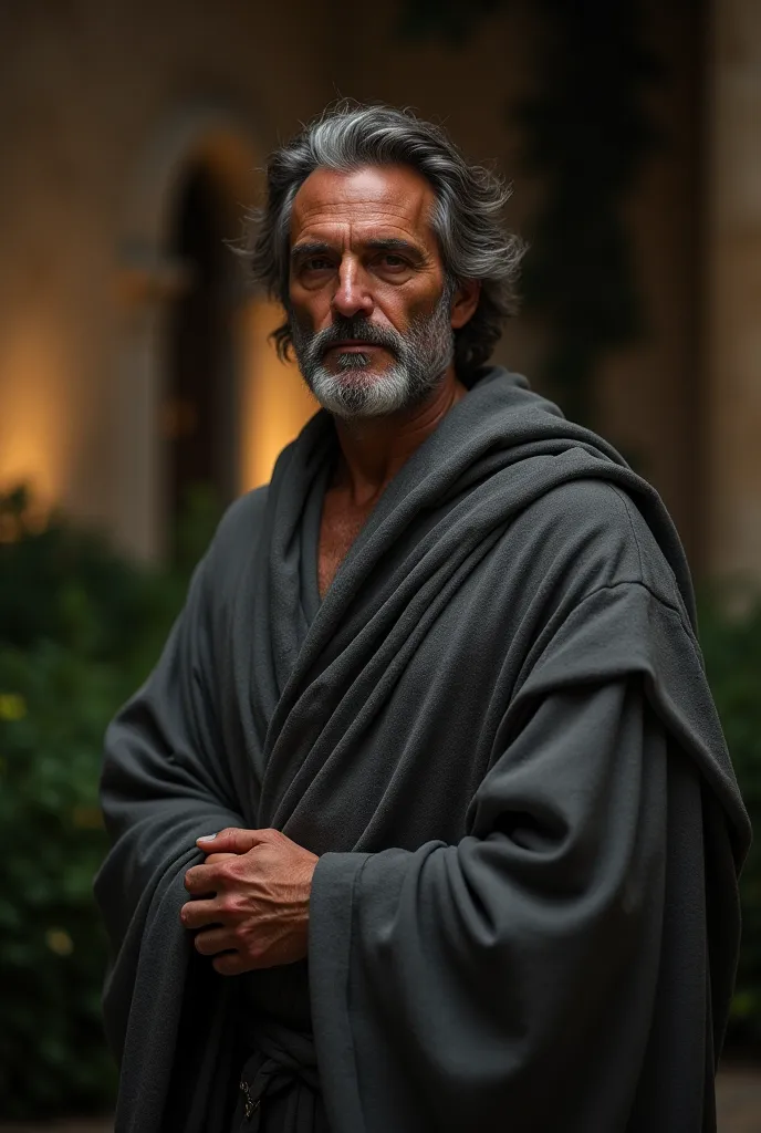 A 300-year-old man in his 30s or 40s. He is in the gardens of an ancient Alexandria palace at night, He is a greek with tanned skin, cabelos dark grisalhos e olhos como poços sem fundo, dark. Sophisticated and extremely patient. dressed in luxurious gray c...