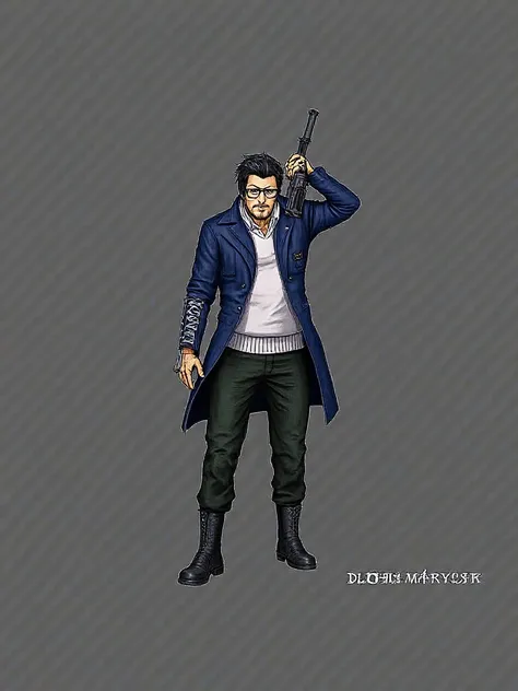 Devil May Cry style,Secret Agent,Tall menacing man, fair skin, voluminous and frizzy black hair,small beard threads, half-open eyes , Small glasses, long military leather jacket in blue with black lines,  white sweater, Military fingerless glove holster, d...