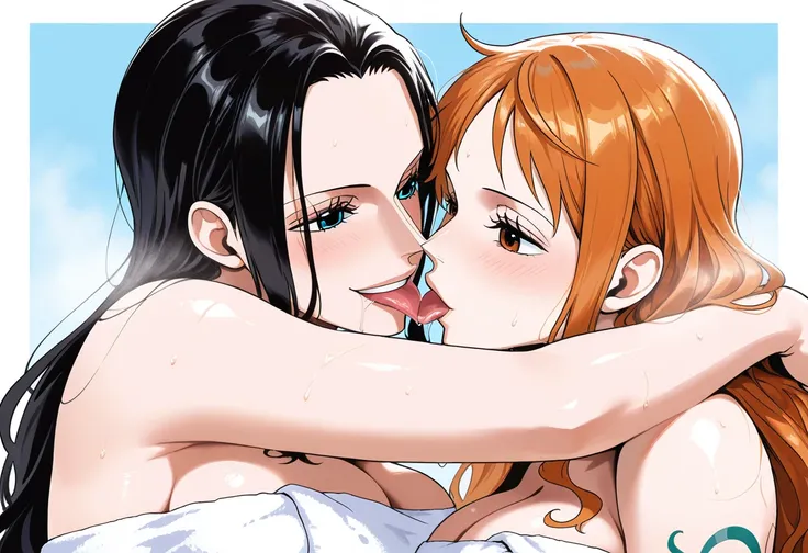 masterpiece, best quality, amazing quality, 2girl, (Nami, one piece, orange eyes, orange hair), (Nico Robin, one piece, blue eyes, black hair), long hair, white towel, very happy smile, close up shot, simple background, medium size boobs , golden ratio fac...