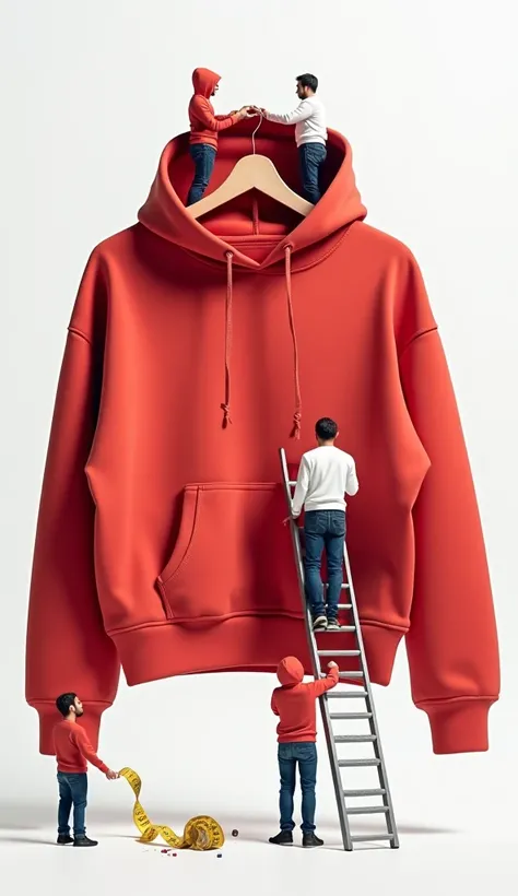 On a white background, there is a huge white sweatshirt on a hanger. The red sweatshirt has the H&m. There are two micro men in the hood of a huge sweatshirt, little men adult men, micromen. Micro men dressed in white sweatshirts and jeans. Micro men have ...