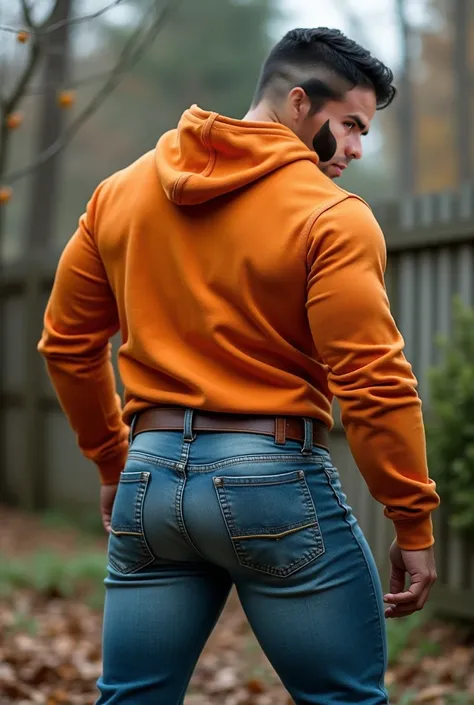  Realistic photograph , 35-year-old muscular (((athletic man))) , , view From below, nalgon in profile, orange hoodie and tight blue levis jeans, in profile, Big butt, viendo a cámara,  black eyes, in the yard, sexy man, very big butt, very tight pants and...