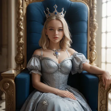 Light blonde crowned young lady with down the neck short straight hair, grey eyes. Dark silken necklet with silver medallion. Wears crown, silken dark blue low-necked dress. Sitting on throne, in palace room.