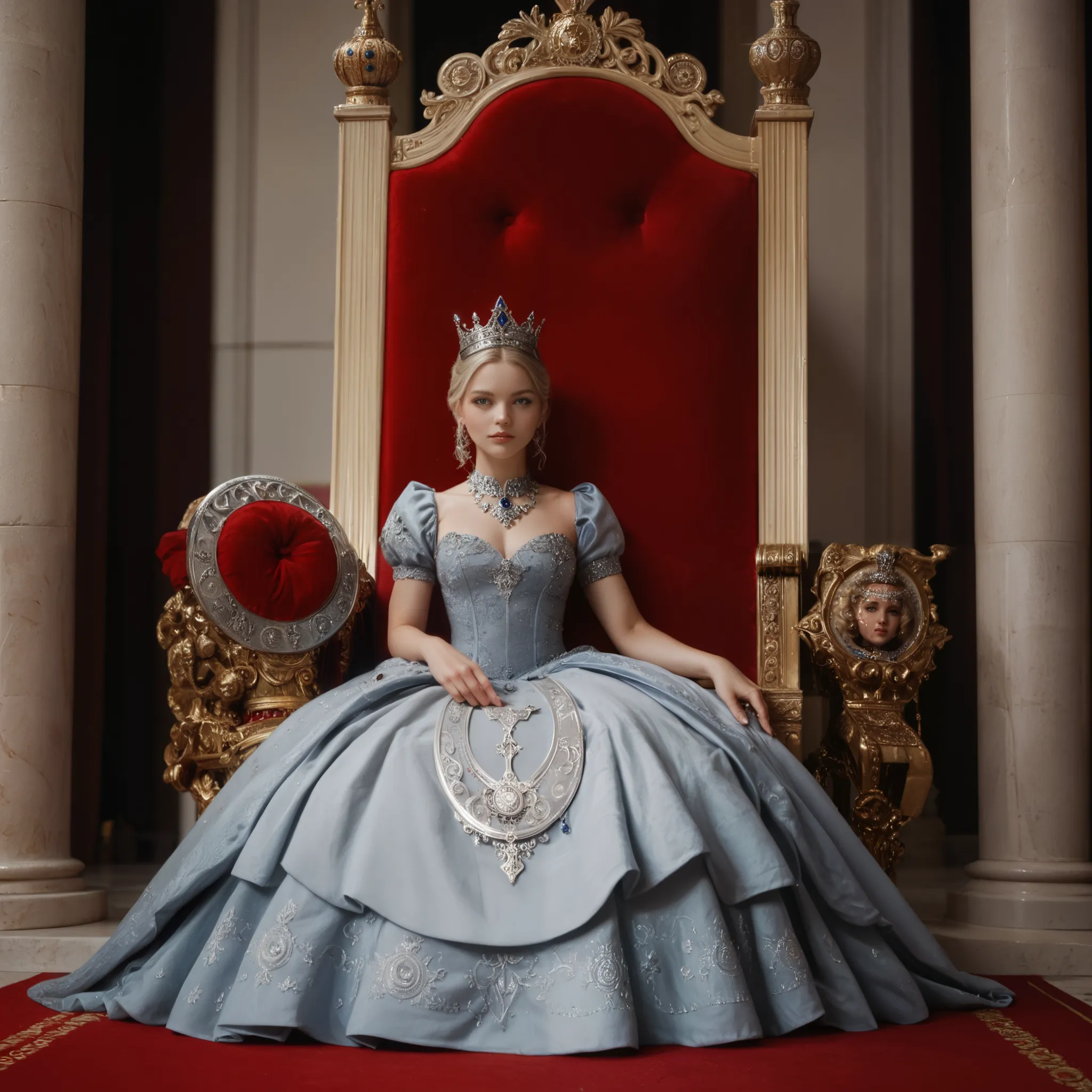 Light blonde crowned young lady with down the neck short straight hair, grey eyes. Dark silken necklet with silver medallion. Wears crown, silken dark blue low-necked dress. Sitting on throne, in palace room.