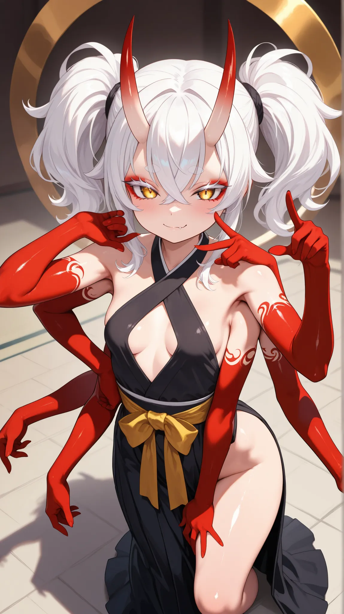 Masterpiece, detailed, high resolution illustration, 1 girl, Small breasts, long horns, bright skin, horns, oni, mesugaki, white hair, crossed bangs, twintails, white eyelashes, white eyebrows, red eyeshadow medium hair, shiny skin, gold eyes, japanese clo...