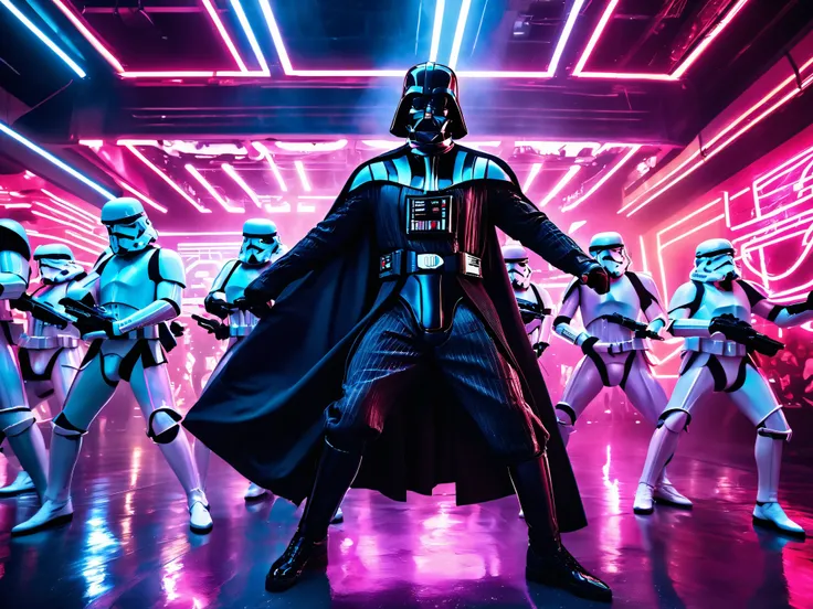 A cinematic shot of an elaborate K-pop video in which Darth Vader is the idol and storm troopers are his back-up dancers.