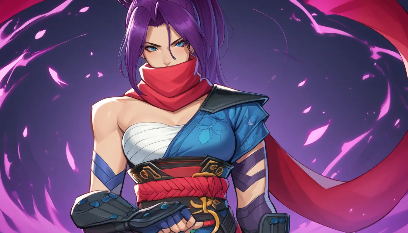 Mulher em pose 3/4, mão esquerda usando espada, psylocke_mvr, blue eyes, purple hair, high ponytail, parted bangs, long hair,  Chest, bangs, large Chest, belly button, cleeveage, blue eyes, red scarf, japanese clothes, chest sarashi, kimono, sash, red belt...