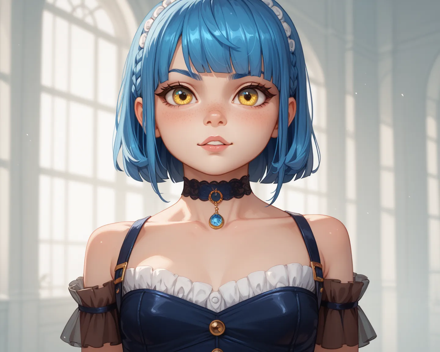 1 loli, ,, Yellow Eyes
,  asymmetric fringe , blue hair, standing 