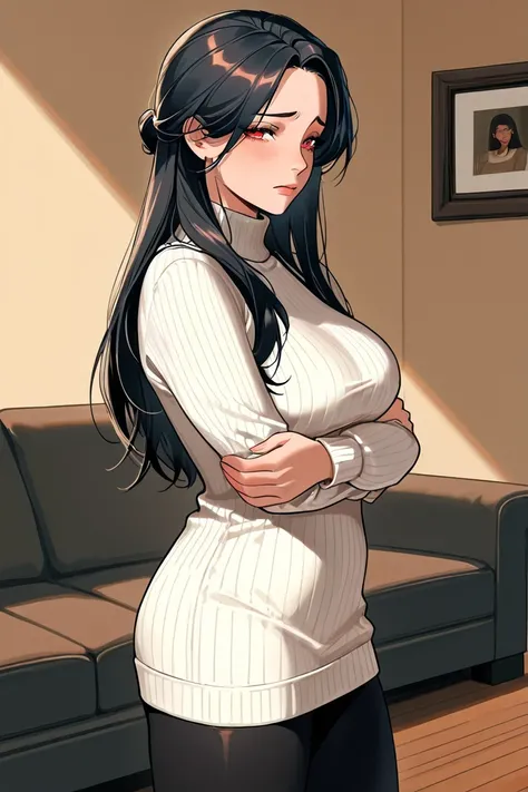 Buxom & sexy, milf mom, sad, looking away from viewer, side view, crossed arms, rubbing her arms, black hair, long hair, red eyes, white turtleneck sweater, black leggings, background: home, living room

