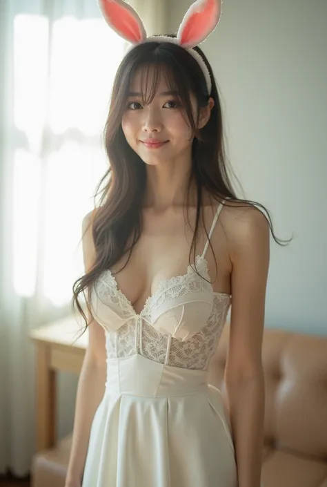  Japanese high school girl ,   insanely cute  ， big breasts, Hairstyle wearing a bunny ear headband，facing the front, Standing in a bright room,  daytime shooting , smile, White silk dress, LACE LONG SKIRT IN DIFFERENT COLOR STYLE，showing off 42 inch long ...