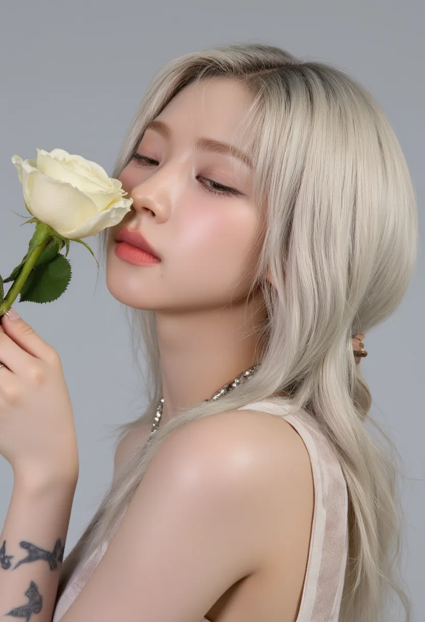  long platinum hair, tattoos around your neck. In a delicate and contemplative pose. She is in profile, with the head slightly tilted downwards, bringing a white rose closer to your face. Your eyes appear to be closed or semi-closed, and your lips are soft...