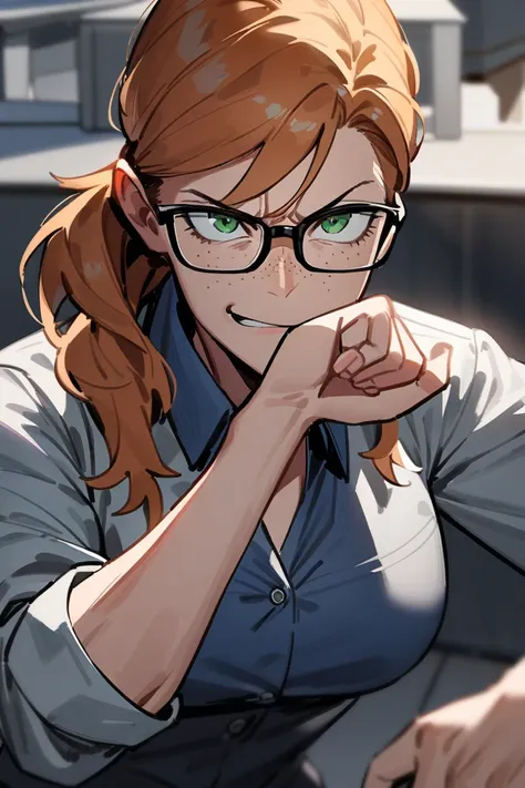 (1 woman) (alone) (conservatively dressed) mature slender dressed in conservative office clothing, blue button up shirt, mature, business, freckles, messy ginger hair, glasses, serious, architect, green eyes, angry, tough, wiping spit off her face, archite...