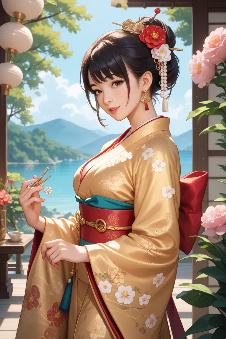 A very sexy asian woman, 27 years old, black hair, wearing a golden kimono with flowers and golden ccessories, no background, picture in anime style