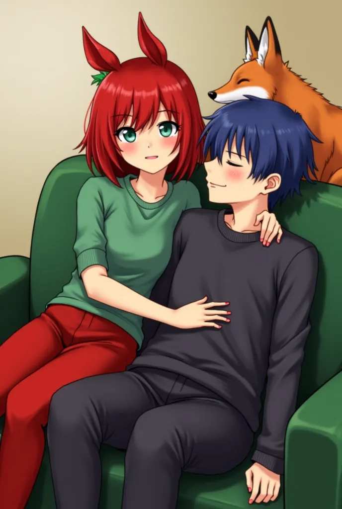 There are two characters in the picture. 
One character is a girl, with red hair and lick-like ears. Dressed in a green top and red pants. Sitting on a slightly blond, but the sofa is eaten green. 
The second character is a guy, who is lying on the girl's ...