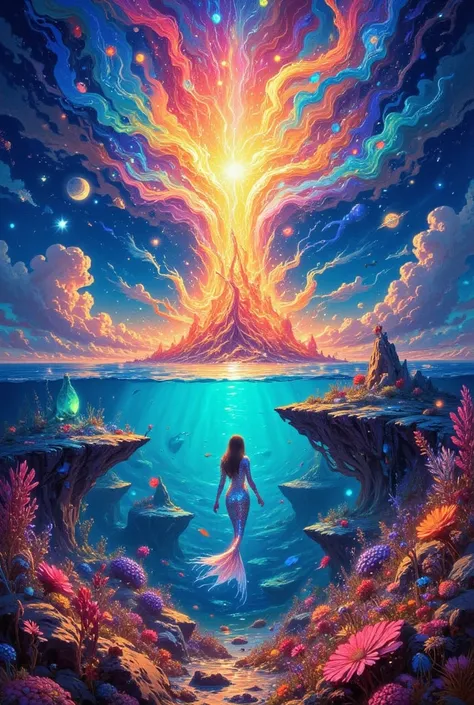 A stunning surreal illustration that captures the fusion of the above and below sea worlds, connected by a majestic cosmic being. The atmosphere is full of wonder and mystery, with bright colors and intricate details. This artwork evokes a sense of wonder ...