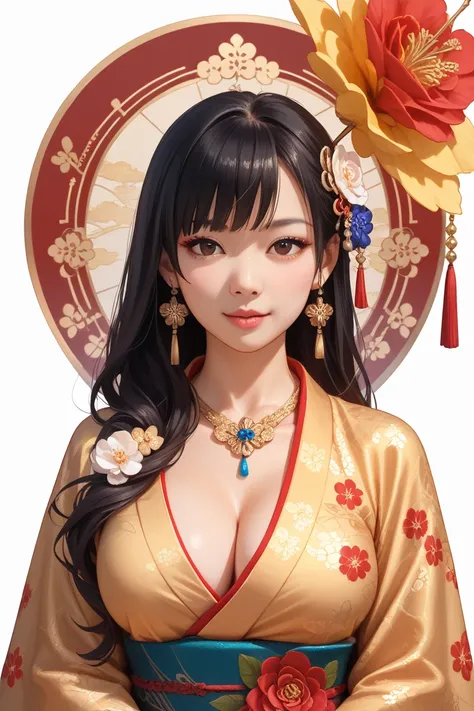 A very sexy asian woman, 27 years old, black hair, big boobs, wearing a golden kimono with flowers and golden ccessories, no background, picture in anime style