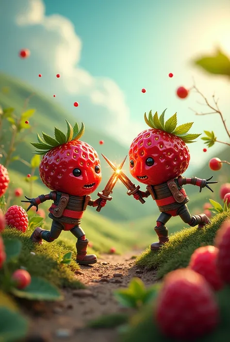 Give me an image of war where you see strawberries fighting against raspberries