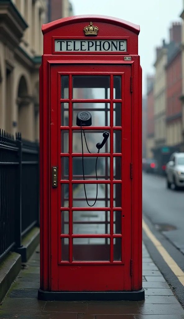 Red British telephone booth with a telephone taken off the hook with an emphasis on the telephone