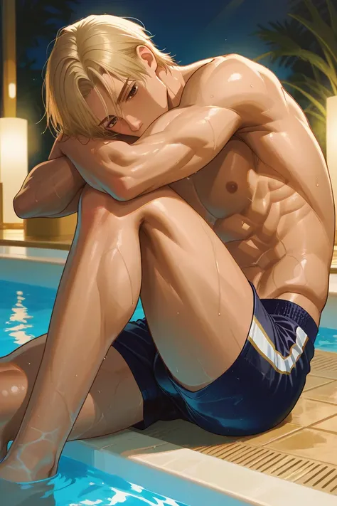 A male male, high, blonde, with brown eyes, sitting by the pool, wearing dark blue swim shorts, Putting your hand on your thigh