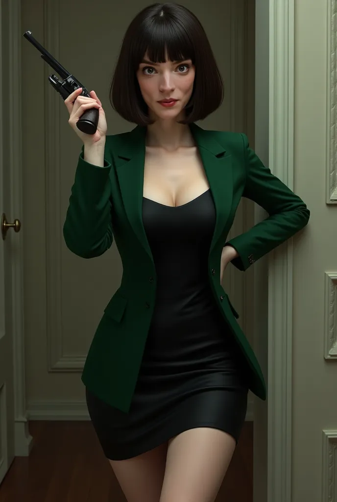 realistic slim woman in a black dress, green jacket, with short straight shoulder-length hair, bangs and dark hair color. She is holding a revolver to shoot. He has a melancholic look
