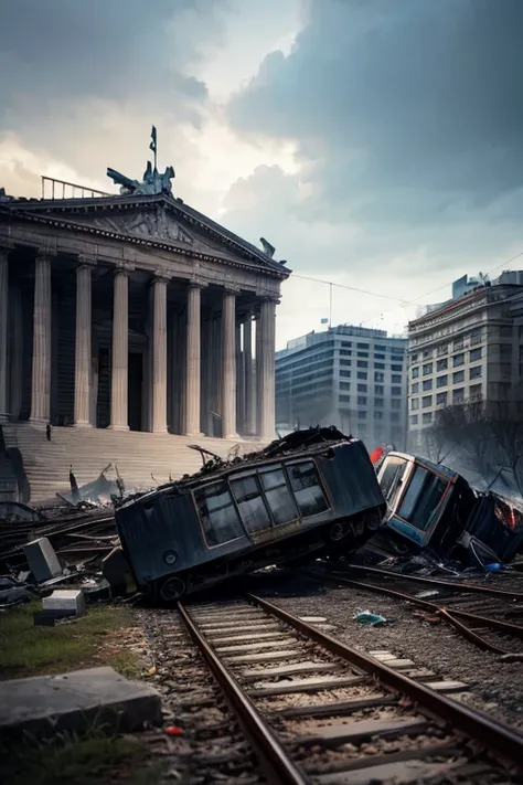  dark, surreal digital painting depicting a catastrophic train crash in front of the Greek Parliament located at the Syntagma Square. The derailed trains are bloody and destroyed, symbolizing a tragic disaster. The ground is covered with railway tracks run...