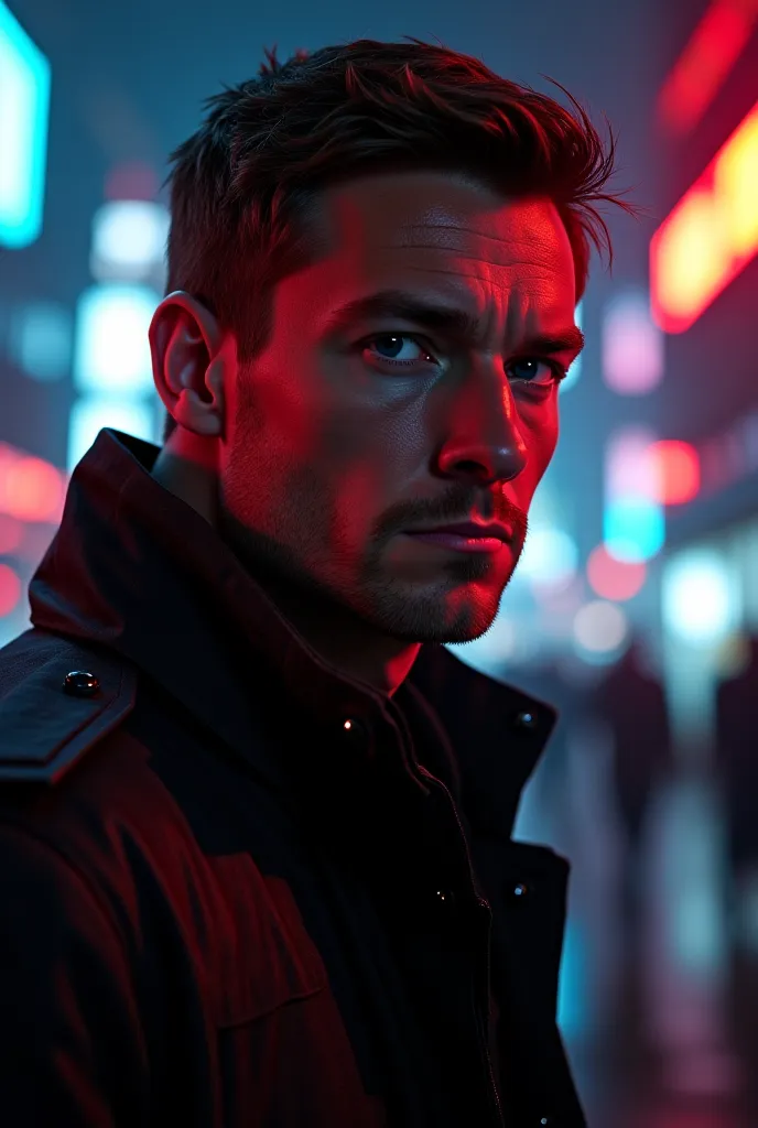 "The time traveler in a dark futuristic setting, with a dystopian city in the background.  He is looking directly at the camera , with a serious and mysterious expression. Red and blue neon lights illuminate your face,  creating an atmosphere of suspense ....