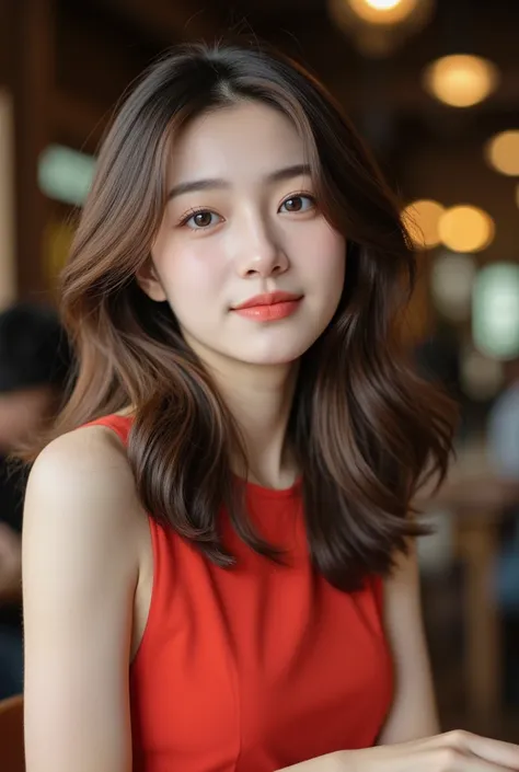 to generate a 25-30 year-old woman，Round Face，Wheat skin color，, bright apricot eyes， straight nose ，Ruddy lips。, height is about 162 cm，Well-proportioned body，wear a warm colored dress（Like brick red），Medium-long hair is slightly curled，, friendly and che...