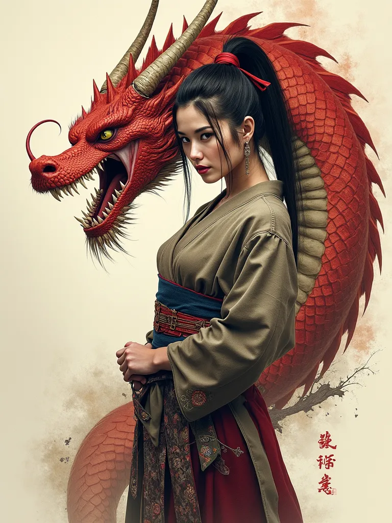 A fierce Japanese warrior woman with her snarling pet dragon. Soft palette. The incredibly talented and imaginative artist Mariusz Szmerdt a true master of the fine arts who possesses an exceptional ability to transform mere blank canvases into breathtakin...