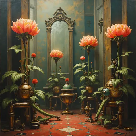 surreal and abstract painting of a mysterious ancient art deco room with mechanical flowers made of steampunk machinery, classic art, dreamy, surreal, photorealistic, magical, esoteric, occult, symbolism