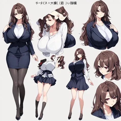 ( The best quality ), ((mature woman:1.5)), ( character design sheet ) detailed face, (model sheet), ( character sheet), Japanese anime, 1chica, (masterpiece: 1.5), (2.5D), mole under the left eye, glowing skin,  long sleeve white t-shirt , (short skirt su...