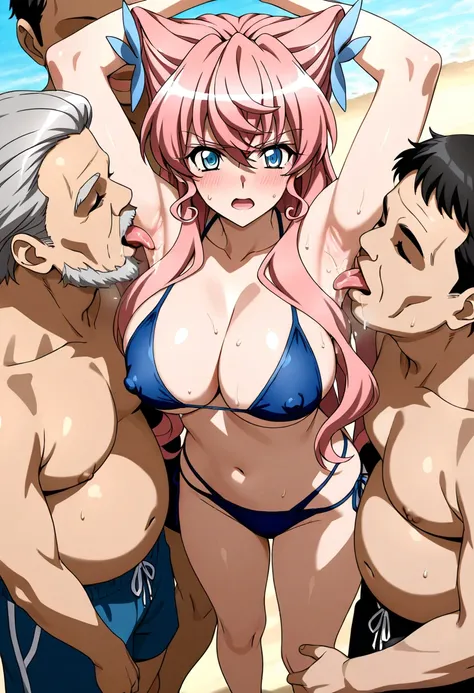 Big Breasts、motion line、mature female、mariagear long hair, pink hair, Maria Cadenzavna Eve, blue eyes, very long hair, Senki Zesshou Symphogear、ANIME COLORING、masterpiece、high quality、HD、 pretty finger、detailed eyes、On the beach、 bikini、blush、arms up、sweat...