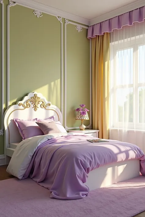 Rapunzel bed in light purple   ,  white and gold girl's room with green or yellow background screen