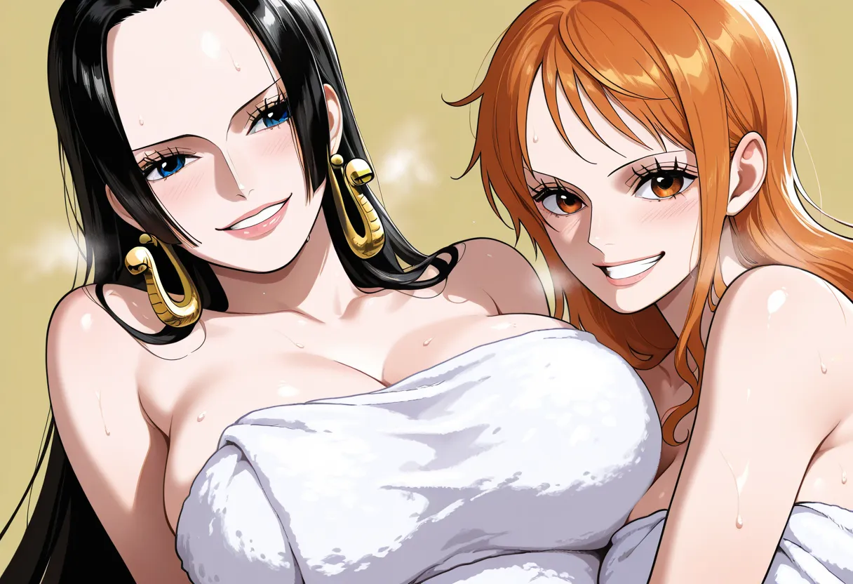 masterpiece, best quality, amazing quality, 2girl, (Nami, one piece, orange eyes, orange hair), (Boa Hancock, one piece, blue eyes, black hair), long hair, white towel, very happy smile, close up shot, simple background, medium size boobs , golden ratio fa...