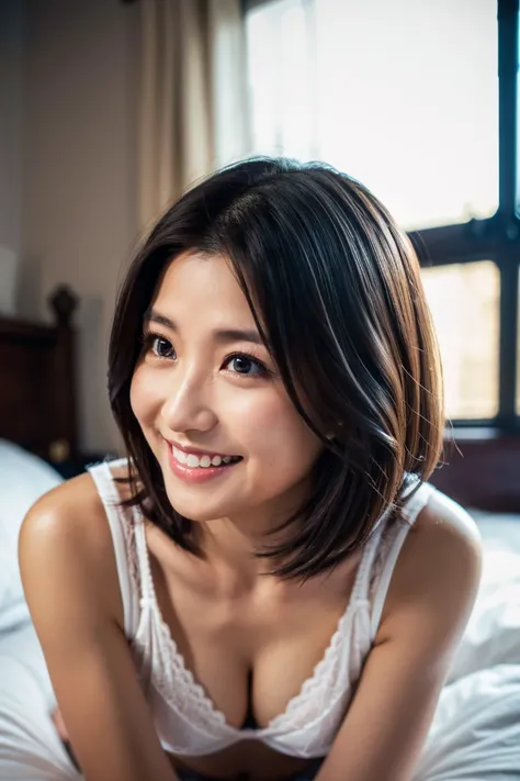 A cute 35-year-old Japanese woman、is standing on all fours in the bedroom。With short black hair、wears white underwear、looking at the camera with a smile even though she is slightly embarrassed。