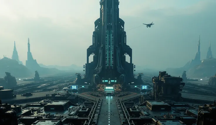 Shows a futuristic space air traffic control tower. Tall and modern building, erected on a hyper modern and spectacular military base. 📌  details:  Architecture : Futurism, imposing structure, advanced materials, Integrated technology. military base: Hanga...